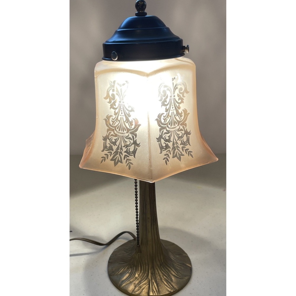 Vintage Art Nouveau Brass Table Lamp Etched Glass Shade Tiffany Style Tree Base - Picture 2 of 16